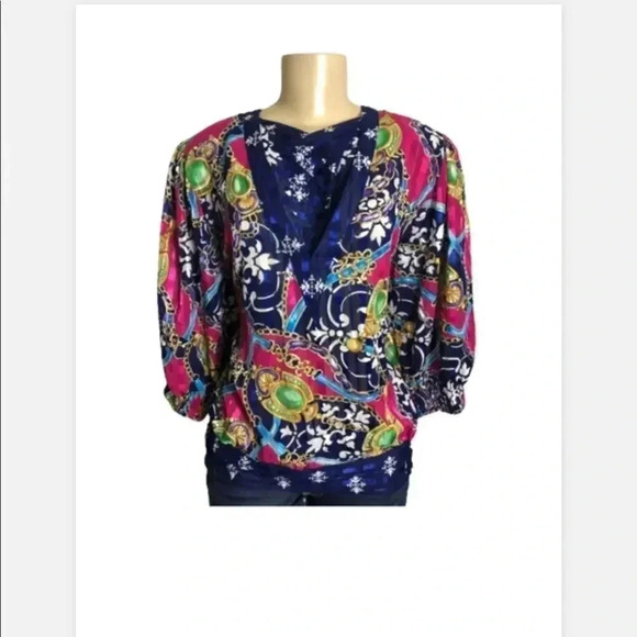 VINTAGE MAYEELOK V NECK PINK & BLUE PRINT BLOUSE GLAM 80’s - Picture 5 of 12